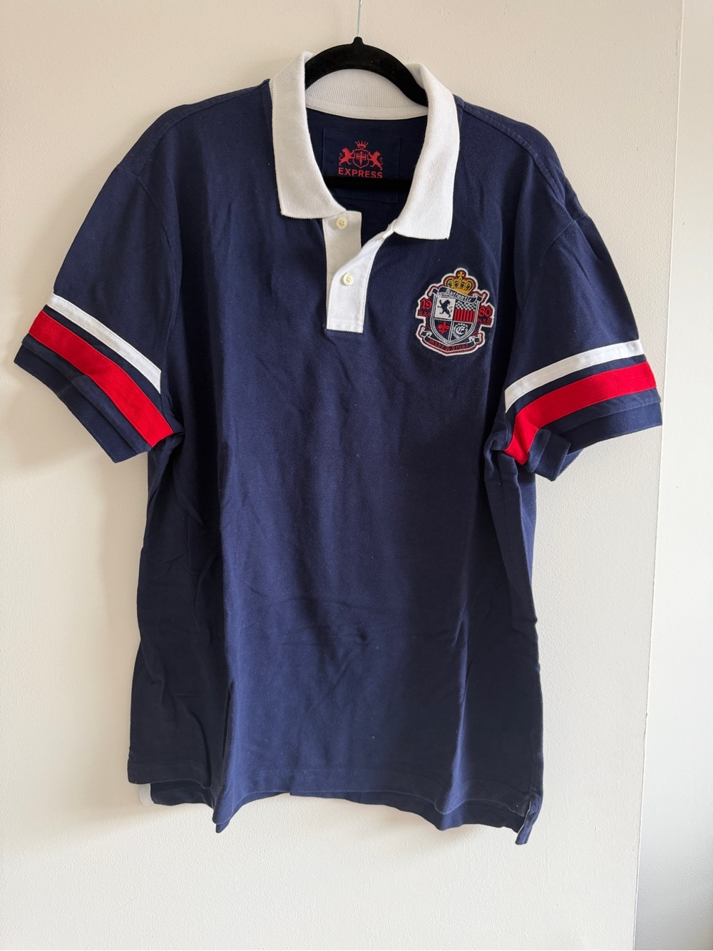 Express Men’s Navy Polo with White Collar and Red Sleeve Stripes
